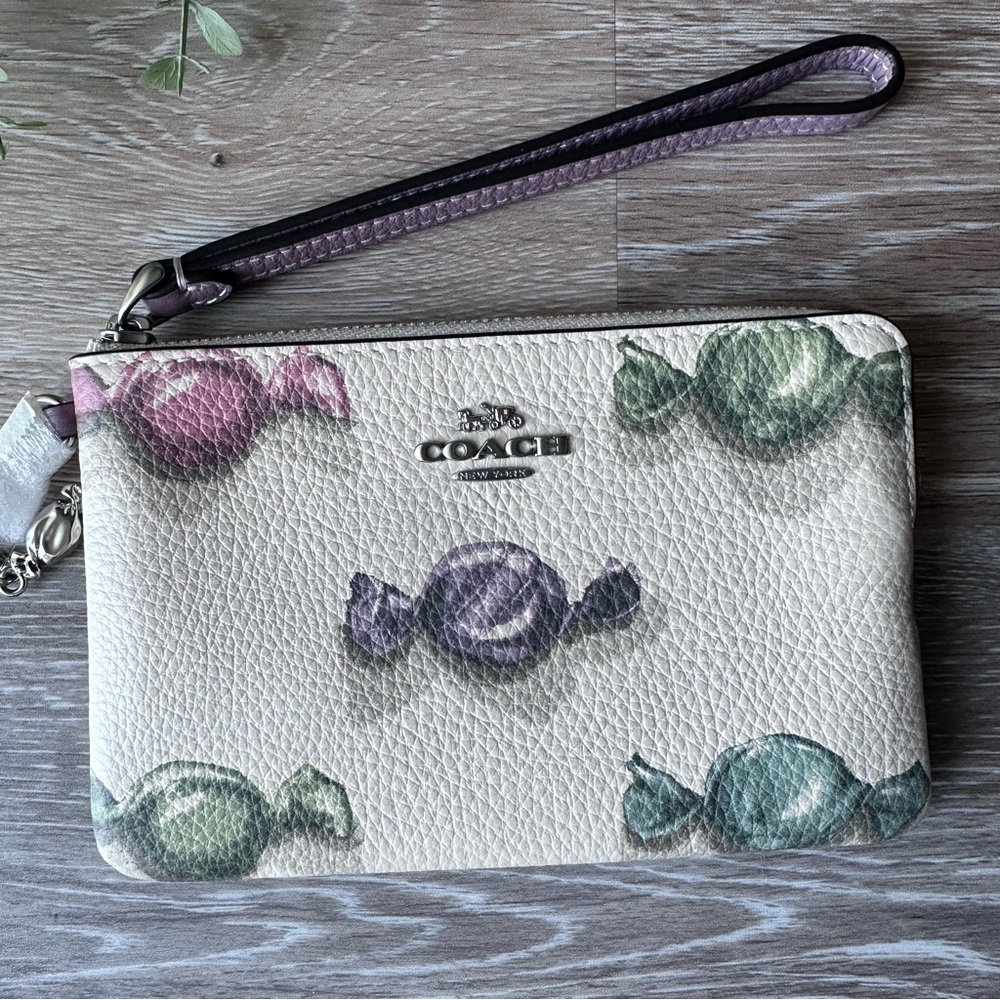 Coach Cream Leather Corner Zip Wristlet with Colorful Candy Print